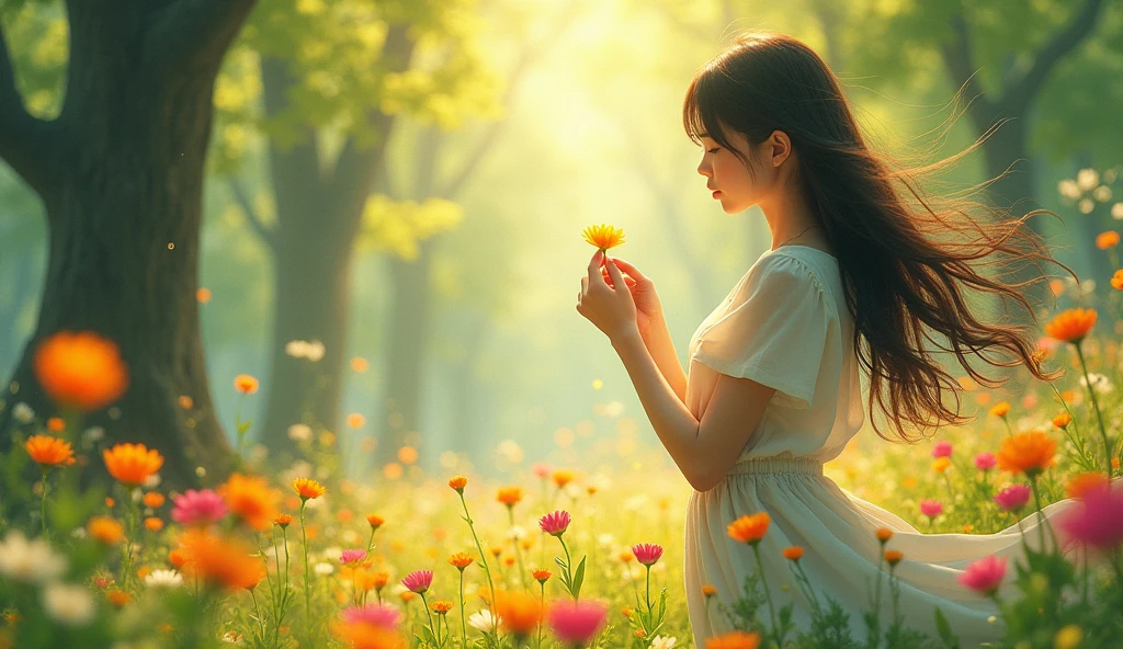 (best quality, masterpiece, ultra detailed, ultra high res, photorealistic, raw photo, absurdres, absolutely resolution), A teenage Japanese female idol is picking flowers in the forest. The camera focuses on her fingertips to emphasize the scent of the flowers.