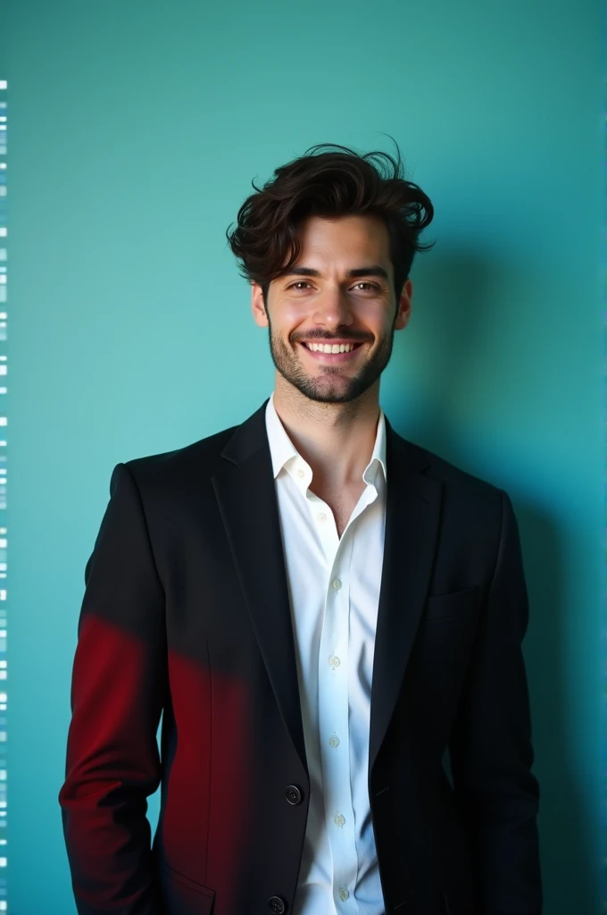A young man with dark hair and a confident smile. He is dressed in a black blazer over a white shirt. The man is positioned against aqua colour backdrop with a subtle red lighting on the left side. and he posing for Linkedin profile