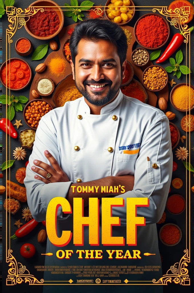 Create a square shape poster for cooking competition.. with Tittle - " Tommy Miah's Indian CHEF OF THE YEAR " with a chief picture...