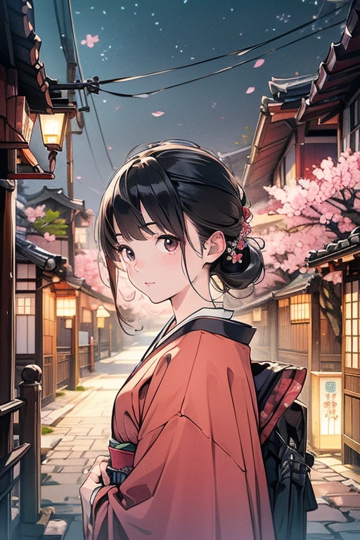 cherry blossoms、夜cherry blossoms、light up、Japanese style、Fantasy、((masterpiece)),Realistic,4K,Very detailed、landscape
