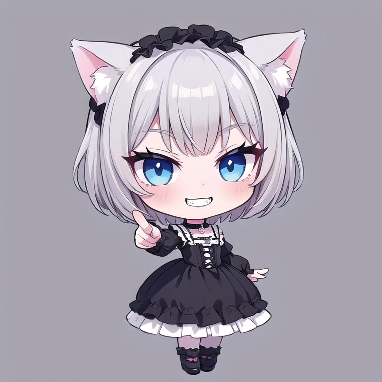(One person), cute, ((Chibi Character)), (Short Wolf Cut:1.2), (gothic lolita:1.2), (Pointing:1.3), (White cat ears), choker, ((Gray Hair)), Blue Eyes, (evil grin:1.3), (Gothic Makeup:1.2), Full Body Shot, ((Highest quality)), ((masterpiece)), (detailed), Perfect Face, Perfect Arms, Perfect hands, Perfect Fingers, anime, Ultra-fine illustration,