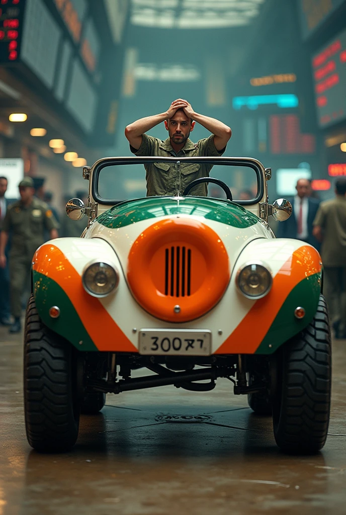 Generated an image of a vehicle that has three orange colors, white and green and an orange disk in the center of the white, avec un chauffeur en tenu militaire qui ses deux mains sur sa tête, the vehicle fell on the stock exchange its four tires had a puncture, the vehicle is suspended on four jacks 