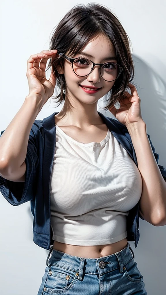 ((Beautiful Face:1.2)), (Purelos Face_v1: 1.0), Half Body,((White simple background)),One person, Round Glasses, Big glasses, smile, Looking into the camera, Short, unkempt hair, Dark skin, Round eyes, Cyan blue shirt, Black shorts, close, Magazine shots, Dynamic pose,((Natural big breasts))