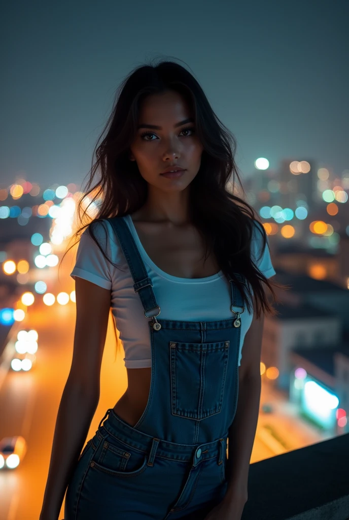 ((midnight, best quality, 8K, masterpiece :1.3)), whole body, Long legs, Clear focus :1.2, Beautiful woman with perfect body :1.4, Slim abdominal muscles :1.1, ((Dark brown hair, Large Breasts :1.2)), (White Tight T-shirt, Overalls Jeans, permanent:1.2), ((City night scene, roof:1.3)), Highly detailed face and skin textures, Delicate eyes, Double eyelids