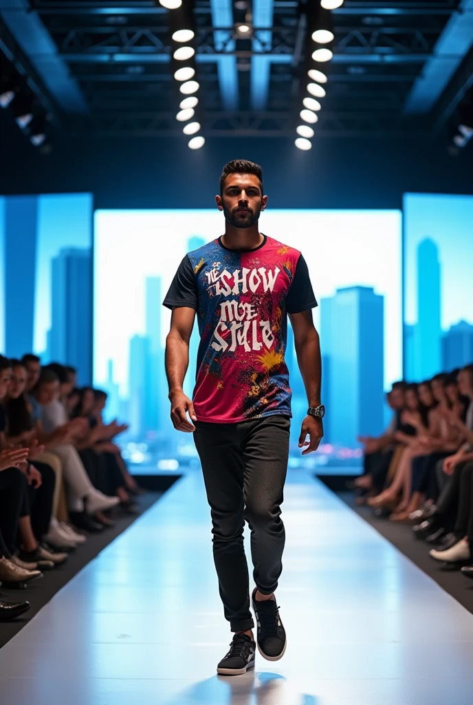 A modular man  Ramp walk wearing t-shirts brand called me show tag line live in style