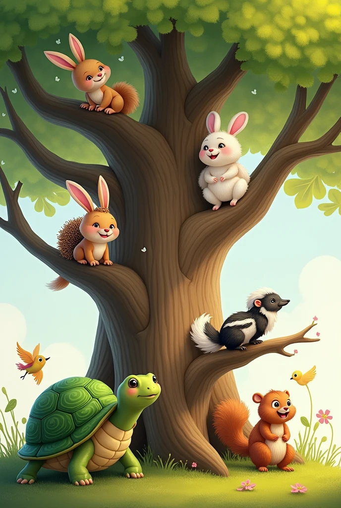 a small turtle and a small hedgehog, a rabbit, a squirrel, a skunk, a bird playing together in kindergarten on a tree for a children&#39;s book
