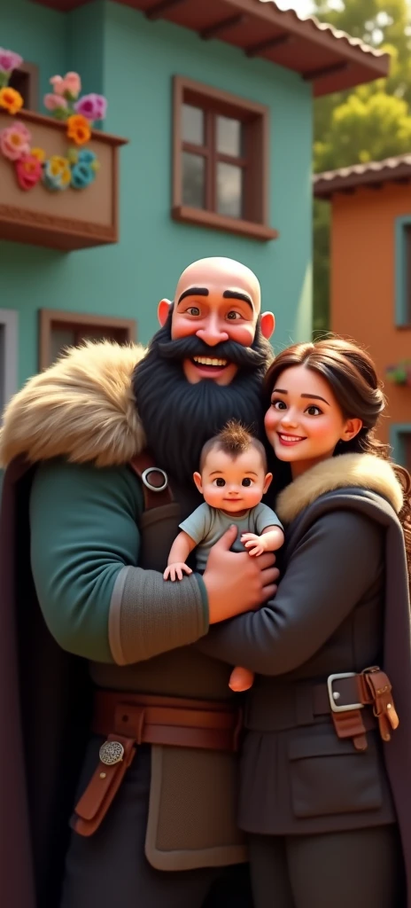 family of 3 people, an adult couple and an 8-month-old baby. The father is in the center, he is the tallest, big and strong, shaved bald hair and has a medium black Viking-style beard, with light brown eyes and a big smile. The father is holding the 8-month-old baby in his left arm. The eight-month-old baby has dark blond hair and big dark blue eyes. The mother has light brown hair and light brown eyes, her hair tied up and a beautiful smile, she is very beautiful and elegant. Character should be colorful and have a fun, friendly look, with exaggerated, expressive features. Pixar style. use the photo as a perfect copy of the family.
