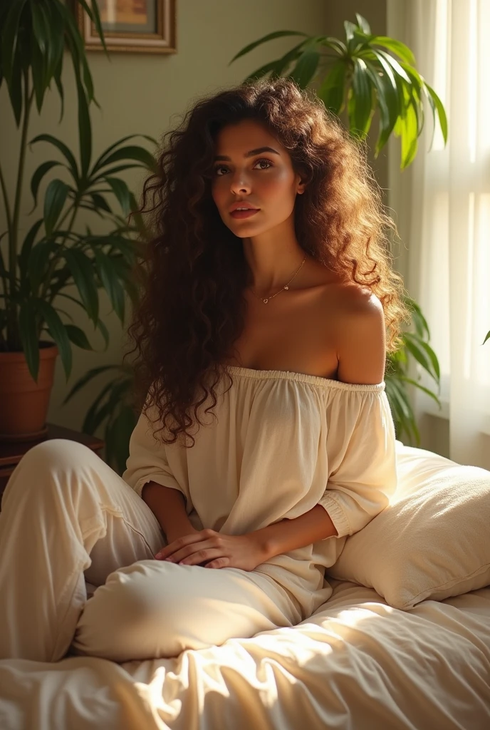 (photorealism:1.2), beautiful woman, sitting on bed, wearing loose off-shoulder top, pajama pants, long curly hair, indoors, soft lighting, plants in background, window with sunlight, cozy room, relaxed pose, realistic, intricate details, warm colors, by Greg Rutkowski, by Alphonse Mucha