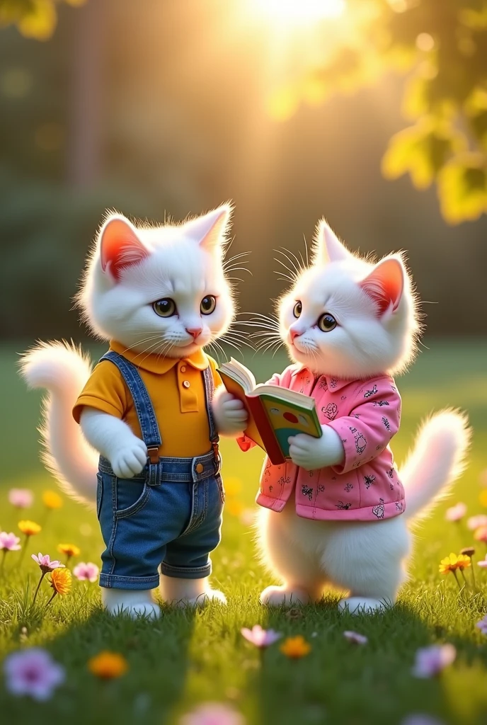 a white cat dressed in blue jeans and yellow shirt gives book to a White cat dressed in pink shirt and yellow happily