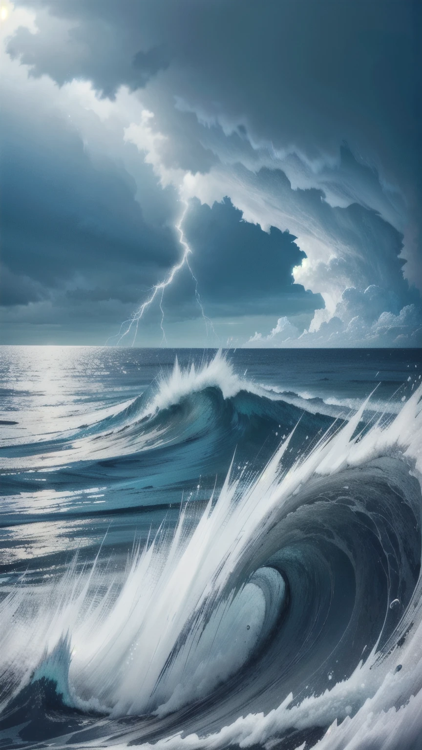 Capture a turbulent ocean scene with stormy skies above the Bermuda Triangle. The waves should be rough, with lightning striking in the background. The overall atmosphere should be dark and foreboding, emphasizing the mysterious and dangerous nature of this area.