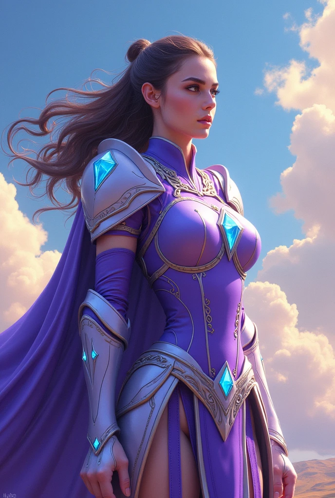 Diamond Warrior Princess. bright blue eyes. blond. Violet armor superpower flying. 