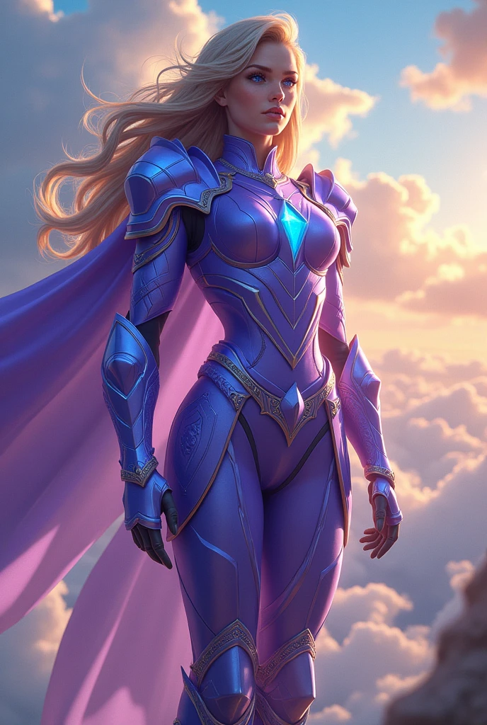 Diamond Warrior Princess. bright blue eyes. blond. Violet armor superpower flying. 
