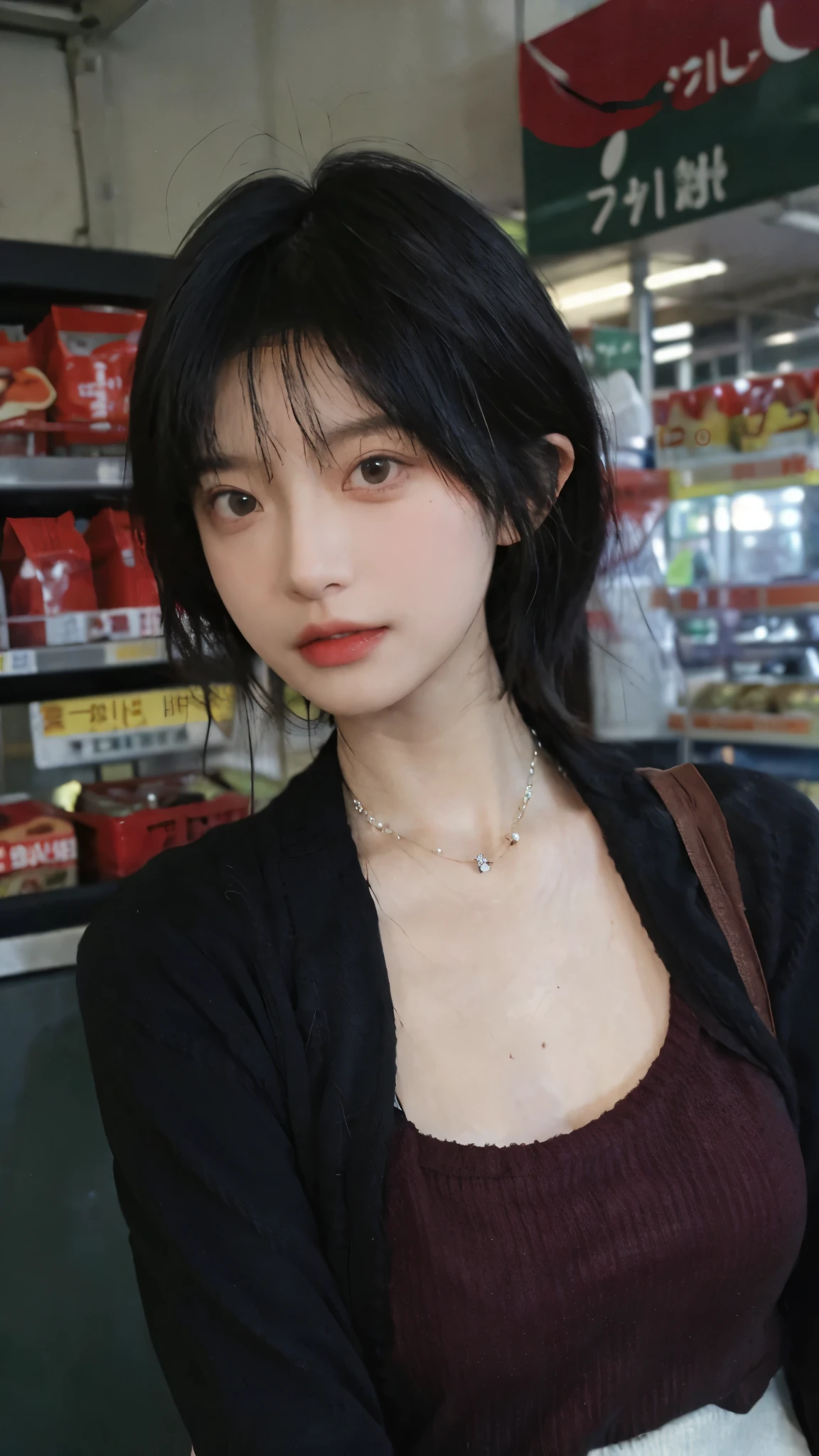 Best quality,Ultra-high resolution,(Realism:1.4),Red short hair,Cute hairpins,girll,Cropped black sweater,Look directly at the audience,Full of atmosphere,Beautiful woman with a slim figure:1.4,supermarket,whole body,Super delicate face,Exquisite eyes,Double eyelids,necklace