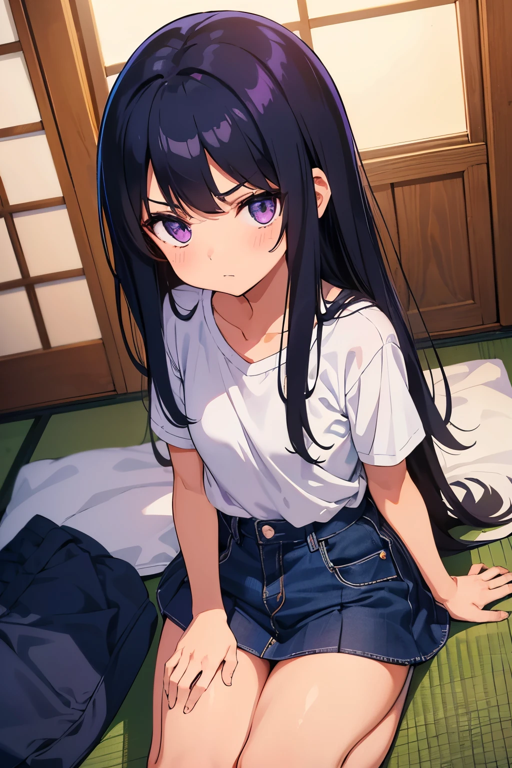  Toddler　Flat chest, black hair, long hair, purple eyes 　Expressionless　A stunned look　Plain white T-shirt　Navy blue denim mini skirt　White panties for children　barefoot　（（I can see her panties））　a six-tatami room in a Japanese house　Are standing　Dynamic Angle　Low - Angle　Angle from the front