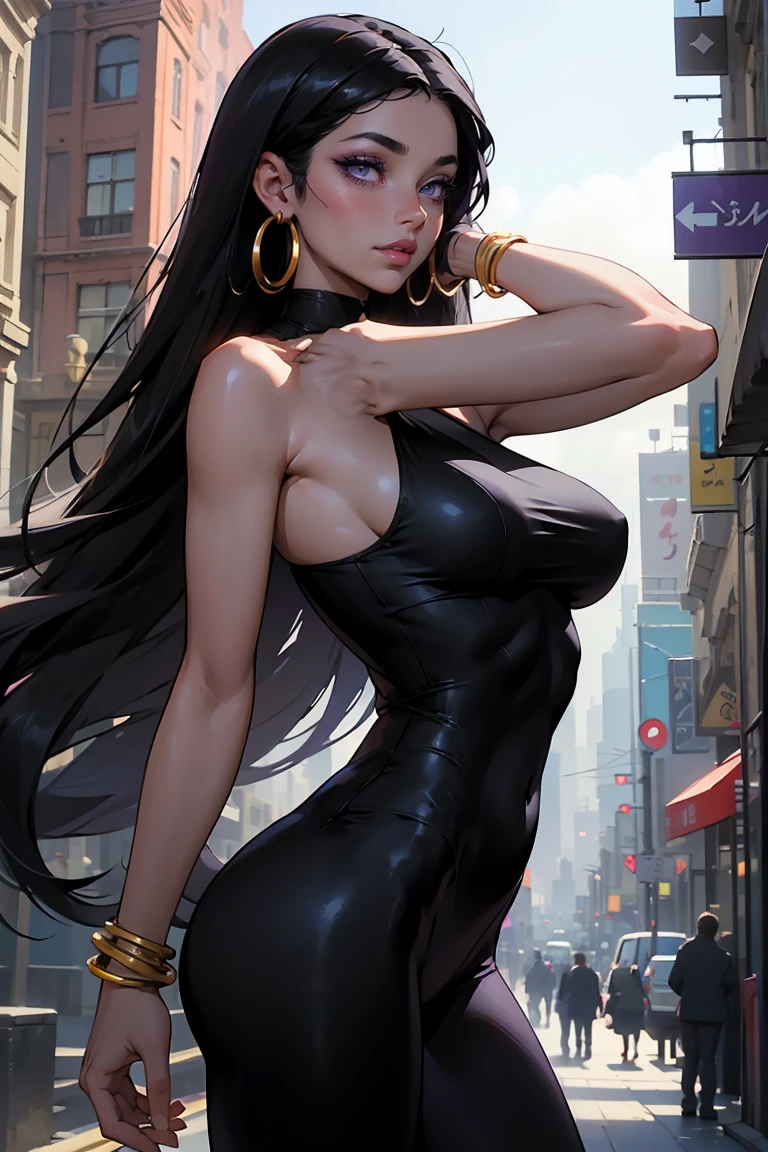 Goddess ((goddess-like woman)), slim elegant silhouette, masterpiece, best quality, (close angle), pale skin, fair skin, sweet face, long hair, (masterpiece:1,2, best quality), (real picture, intricate details), (1 lady, solo, medium tits), purple eyes, kissable mouth, full lips, black hair, (Black long hair,), very long hair, straight hair, bracelet, hoop earrings, beautiful face, beautiful eyes, she looks at the viewer, she is wearing a short sweatpants body suit, sweet irresistible smile, elegant pose, elegant hands, beautiful hands, perfect fingers, right hands, right Arms, background: She is standing in a Big city, busy city, dance club, outside, blue sky,