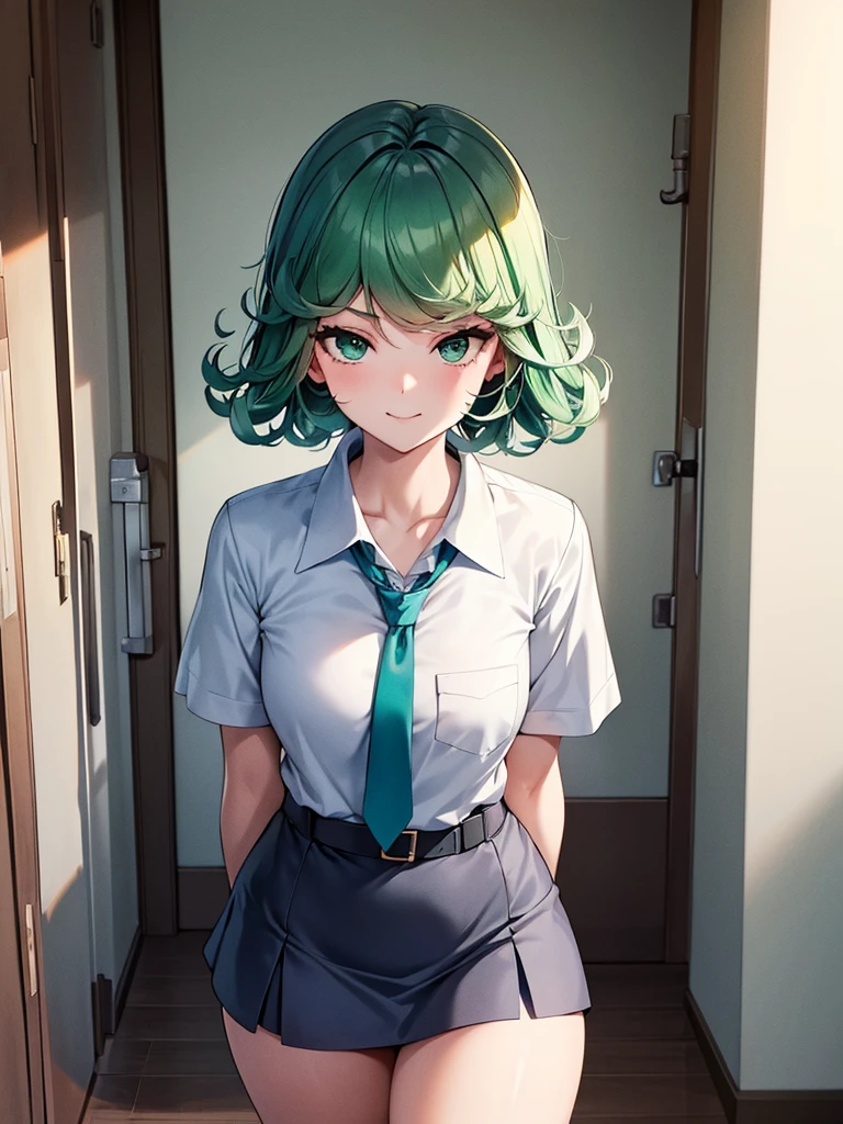 (high res, 8K, masterpiece, looking at viewer, best quality, very aesthetic, ultra detailed, ultra background, ultra Eyes) intricate details, 1girl, Tatsumaki, Chibi, body straight and arms sideways facing the camera, Green Short Hair, Green Eyes, short sleeved white shirt, Smile Face, pocket on left chest, wearing a Gray tie, light Blue short skirt, wear a belt, Background school hallway, School, Cinematic Angle