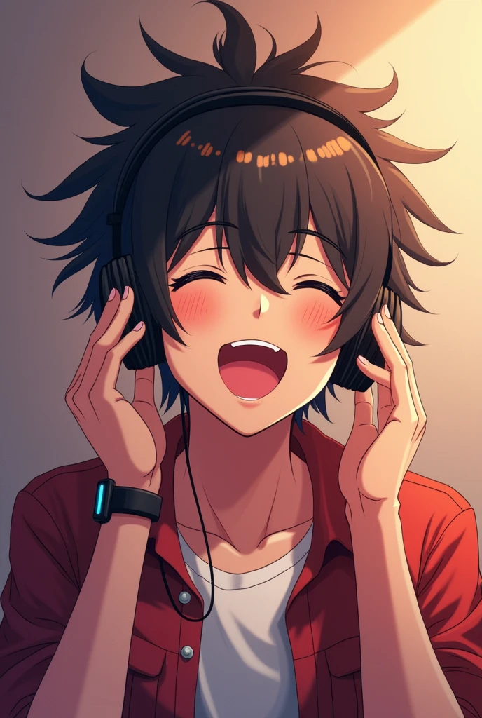 A Anime Men With Big Hair Listening Music in Happy Mood with Headphones