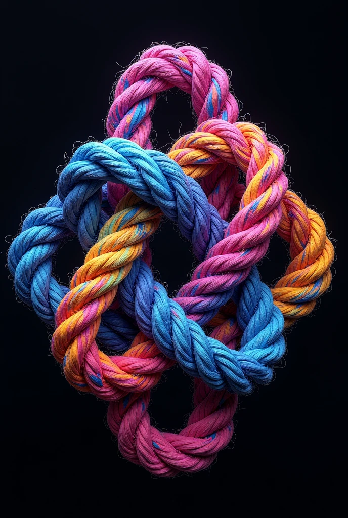 Draw an eternity knot of ≥ 4 rope knots with a fume brand vaporizer box with matte colors (with rounded edges) within intertwined, The drawing must be with psychedelic colors with a black background, The rope colors must be psychedelic.
The scale must be square, not rectangular.