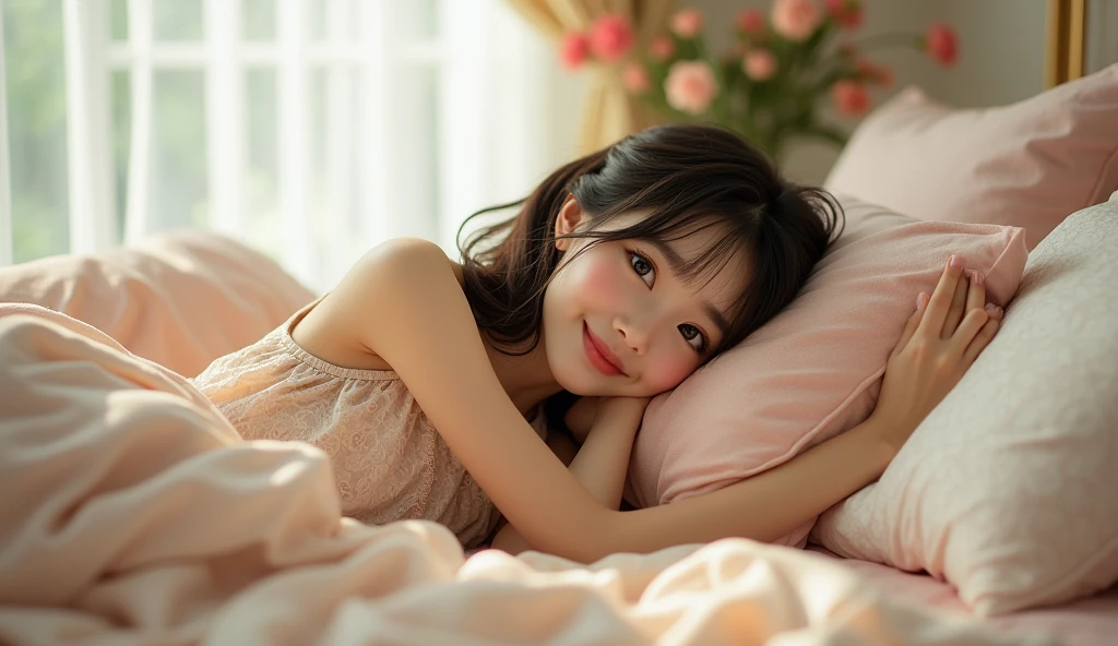 (best quality, masterpiece, ultra detailed, ultra high res, photorealistic, raw photo, absurdres, absolutely resolution), A Japanese age female idol lies on a bed, hugging a cushion. The camera closes up on her face, capturing her emotions.
