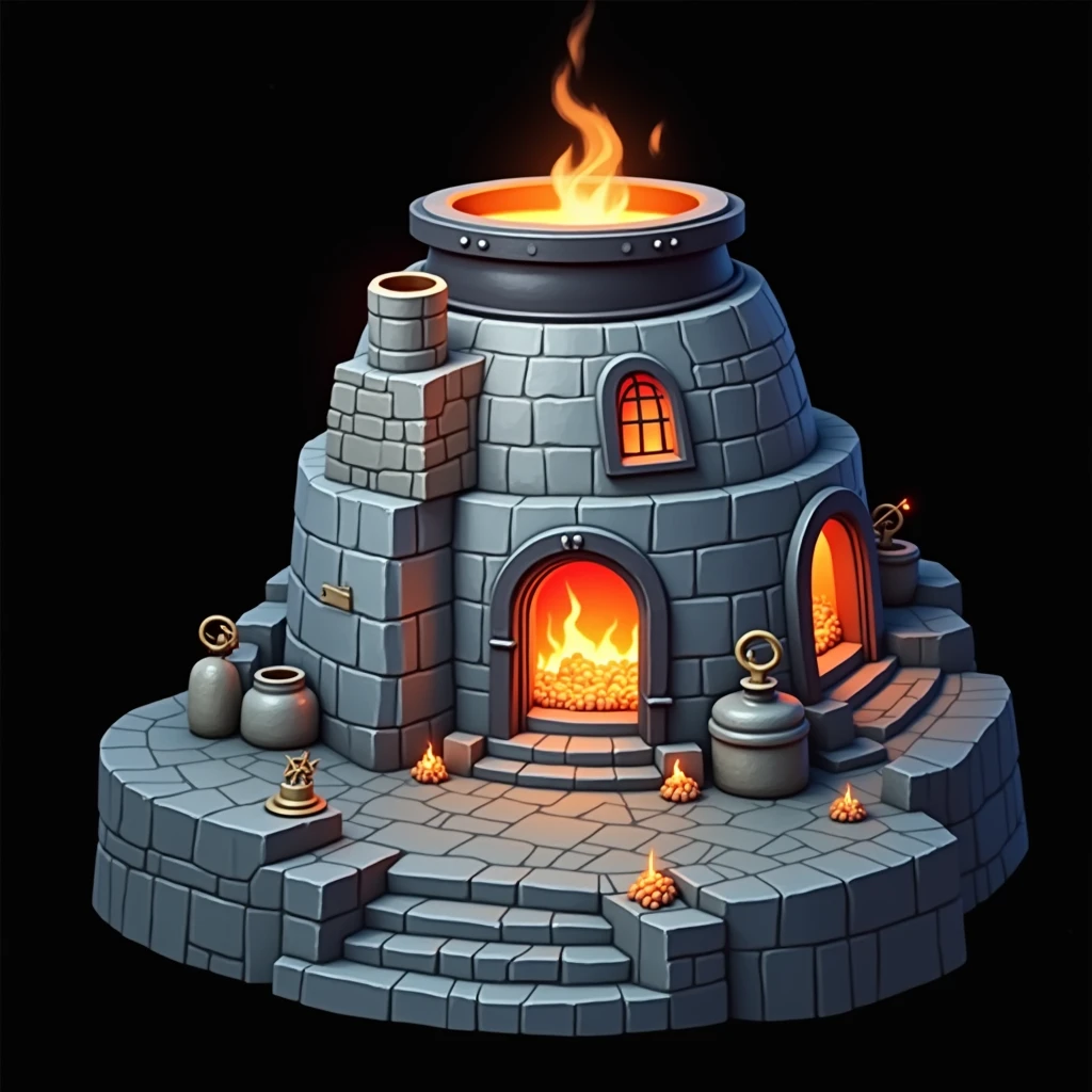 (masterpiece, top quality, best quality, official art,beautiful and aesthetic:1.2),(4k,8k, best quality,masterpiece:1.2),(((white background))), solo,Building, furnace with blue and black iron exterior walls, a red cave in the middle with burning charcoal inside, alarm devices, and flames burning at the top. It has a European style, clear and accurate structure, modern realistic representation, and consistent lighting that looks natural and believable.