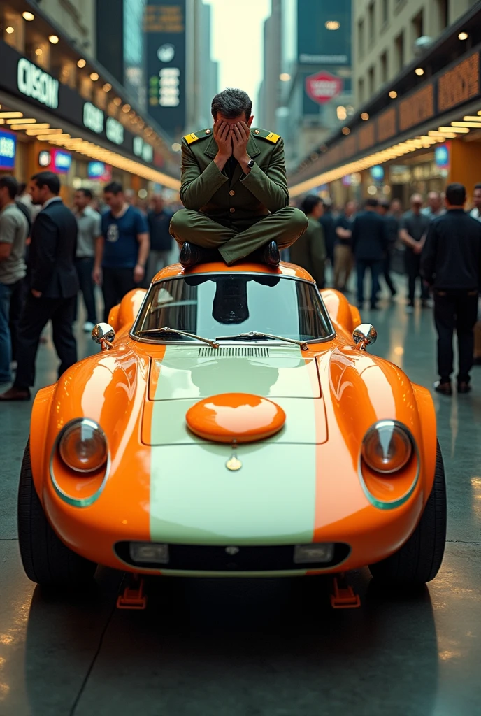 Generated an image of a vehicle that has three orange colors, white and green and an orange disk in the center of the white, avec un chauffeur en tenu militaire qui ses deux mains sur sa tête, the vehicle fell on the stock exchange its four tires had a puncture, the vehicle is suspended on four jacks