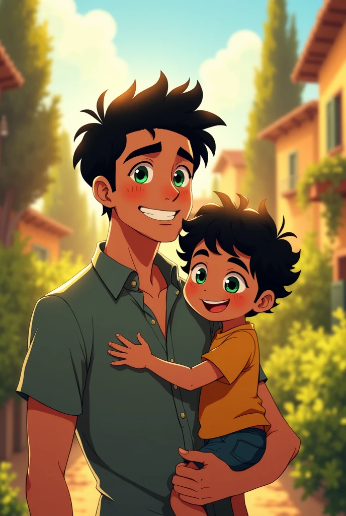 An Italian man in his thirties with green eyes and black hair, holding in his arms his twelve year old son his son has green eyes with curly black hair. anime style