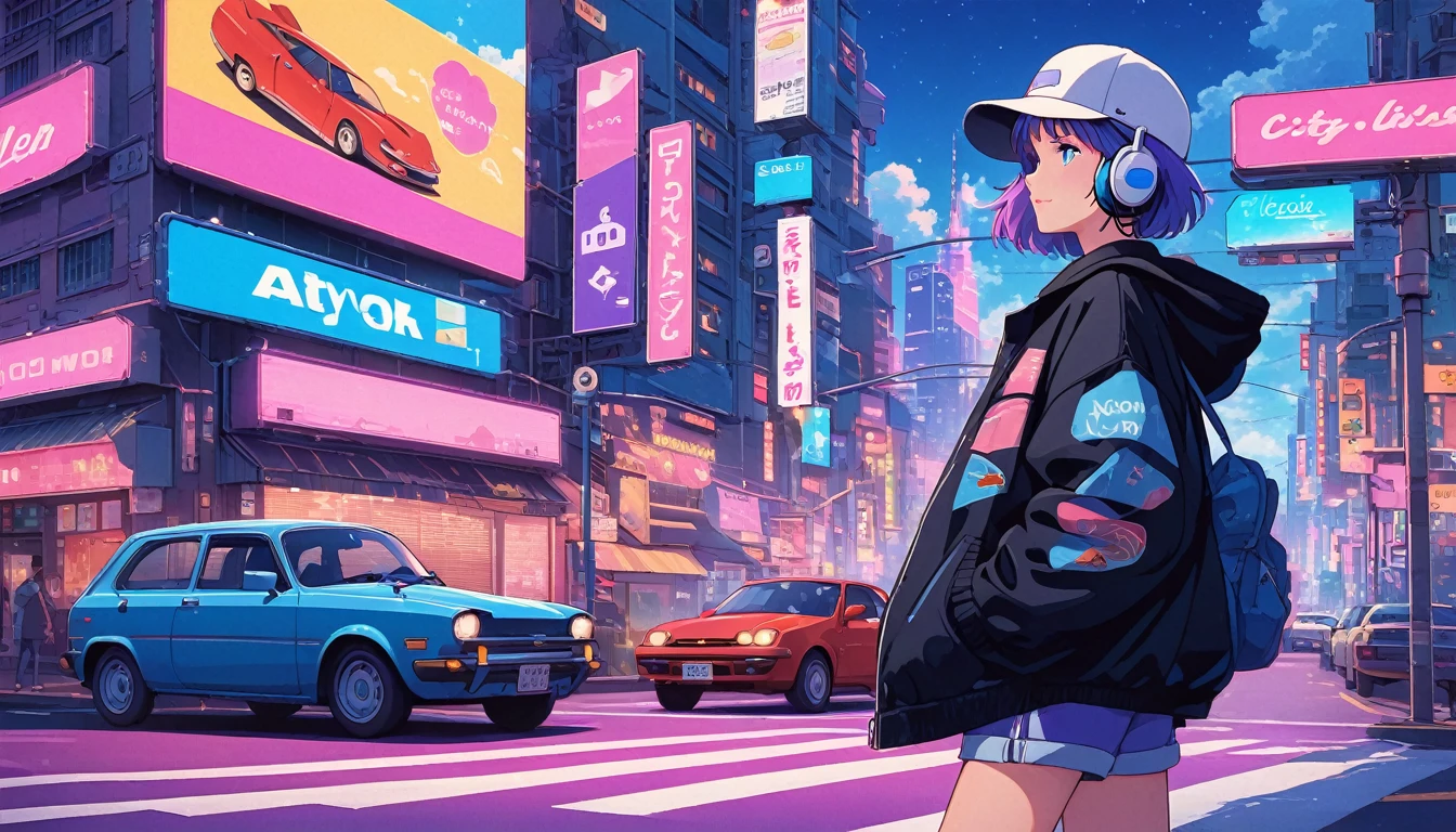 alone, lofi artstyle, lofi art, city, town, 80s anime style, Retro, Lo-Fi, masterpiece, best quality, (extremely detailed CG unity 8k wallpaper), (best quality), (best illustration), (best shadow), absurdres, realistic lighting, (Abyss), beautiful detailed glow, 1girl, bag, bangs, baseball cap, black jacket, blue eyes, blush, building, car, city, crosswalk, from side, ground vehicle, hands in pockets, hat, headphones, hood, hood down, hooded jacket, hoodie, jacket, long sleeves, motor vehicle, multiple boys, night, outdoors, pants, purple hair, road, road sign, short hair, shorts, sign, solo focus, street, traffic light, white headwear