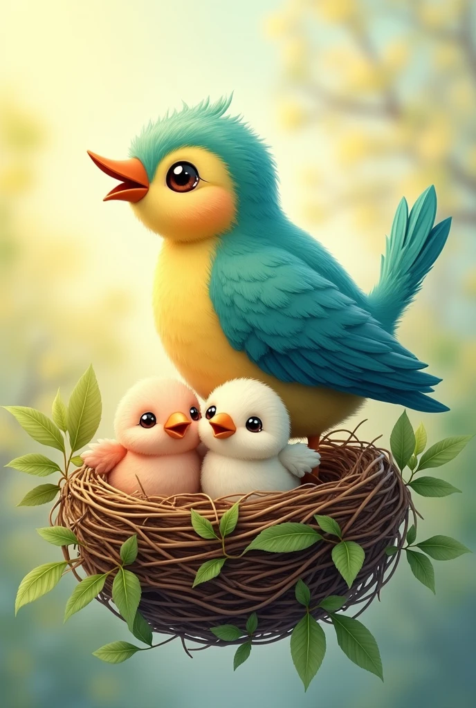 Need an image for the logo of the English language learners channel. Let there be a bird's nest in the picture and one big bird and 2 baby birds inside. Somewhere in the logo there should be an inscription Start21. This is the name of the training center.