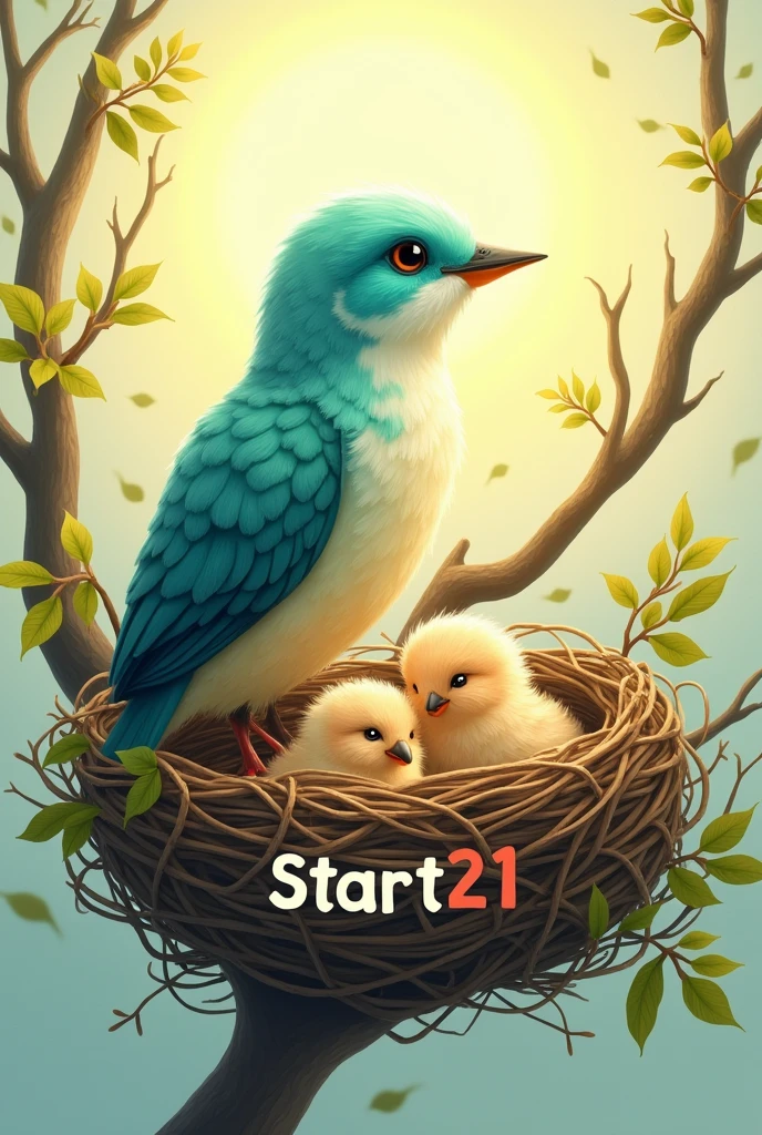 Need an image for the logo of the English language learners channel. Let there be a bird's nest in the picture and one big bird and 2 baby birds inside. Somewhere in the logo there should be an inscription Start21. This is the name of the training center.