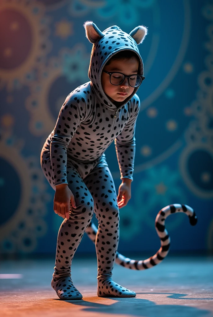 The   handsome and thin taiwan contortion boy with beautiful cheeks wears grey leopard lycra turtleneck unitard catsuit covered with many spots with leopard tail and  grey leopard lycra elastane dancewear hijab-like hood.He wears a pair of glasses