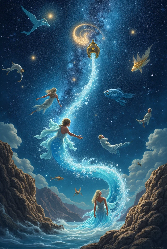 The realistic starry sky is mixed with the fantastical characters of the 12 constellations. Aquarius is in the upper left corner of the screen, from which the delicately shining Milky Way flows. Virgo floats in the center and swims with Pisces. Around them are the characters of Aries, Taurus, Gemini, Cancer, Leo, Libra, Scorpio, Sagittarius, and Capricorn.