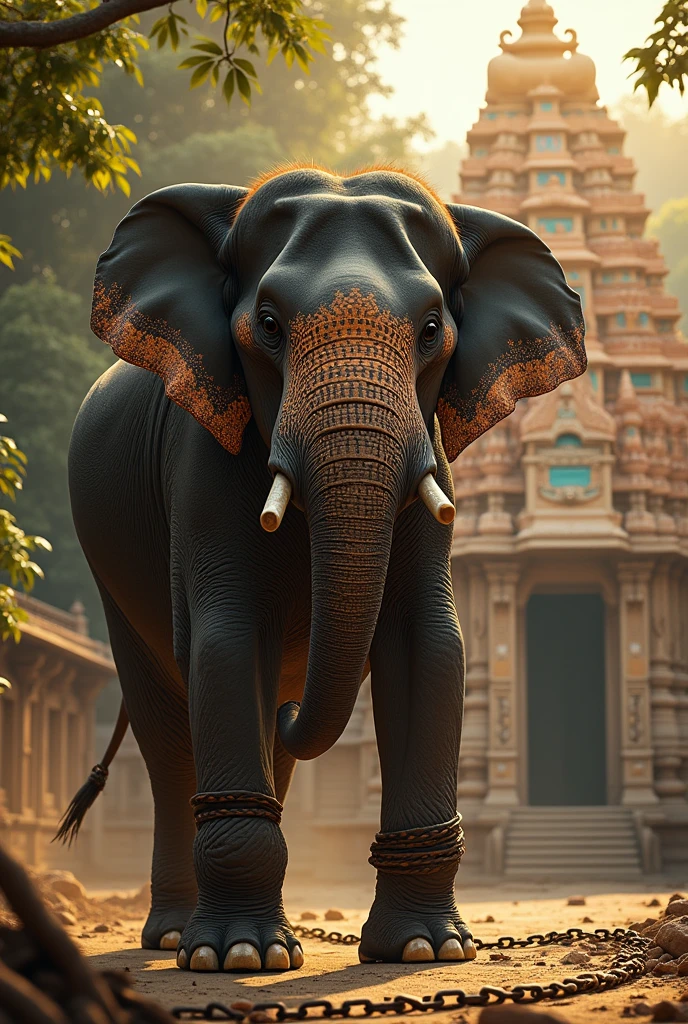 

A elephant struggling to break free from a chain that's tightly wrapped around its leg. The background features a Indian temple.
