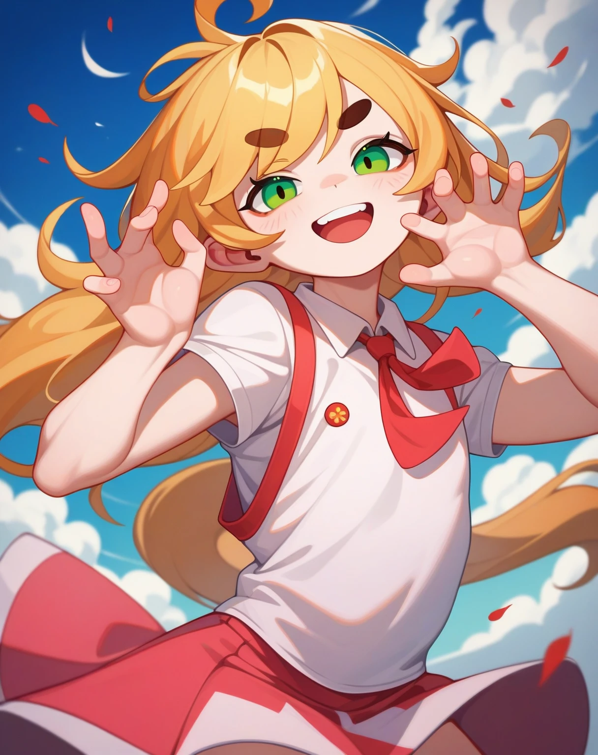 score_9,score_8_superior,score_7_superior,score_6_superior,score_5_superior,score_4_superior 、8k,Ecchi、Familiar attitude、Hands out in front pose、Short, cute boys who look like two young Japanese women、Mob face、Cheerful smile、Double teeth、Crisp eyebrows、Flat Chest、(Muscular:0.5)、Brown Hair Color、Long Hair、Medium Hair、Blue-green eyes、Parted bangs、Baggy shirt、Shorts、Rough fashion style、NSFW,In the living room、evening、Face close-up、Mr.々Angle