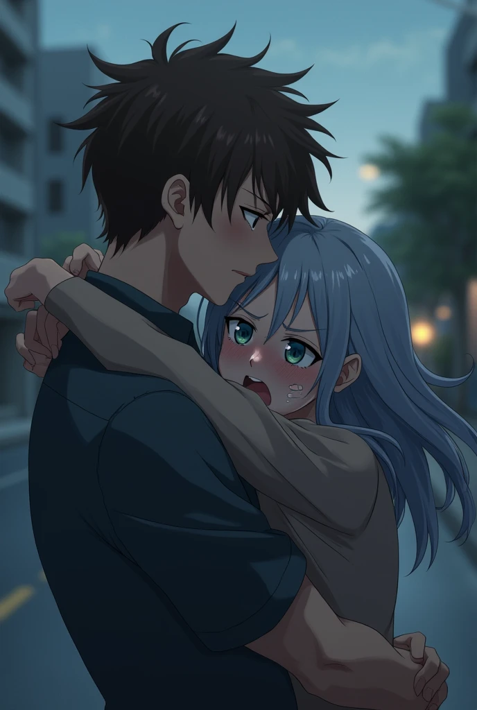 18 year old anime girl with gray hair and blue eyes wearing a short black dress crying loudly in the arms of a 25 year old young man with brown hair, green eyes and sharp and serious features and the girl holding his shirt tightly and crying in a blurry background