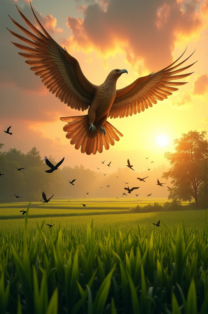 The focus is on Garuda flying low over the fields, scaring away a flock of crows and other birds that threaten Raghur’s crops. The fields are lush and green, with the sun setting in the background, casting a golden glow over the scene.