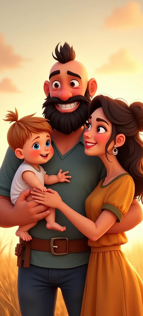family of 3 people, an adult couple and an 8-month-old baby. The father is in the center, he is the tallest, big and strong, shaved bald hair and has a medium black Viking-style beard, with light brown eyes and a big smile. The father is holding the 8-month-old baby in his left arm. The eight-month-old baby has dark blond hair and big dark blue eyes. The mother has light brown hair and light brown eyes, her hair tied up and a beautiful smile, she is very beautiful and elegant. Character should be colorful and have a fun, friendly look, with exaggerated, expressive features. Pixar style. use the photo as a perfect copy of the family.