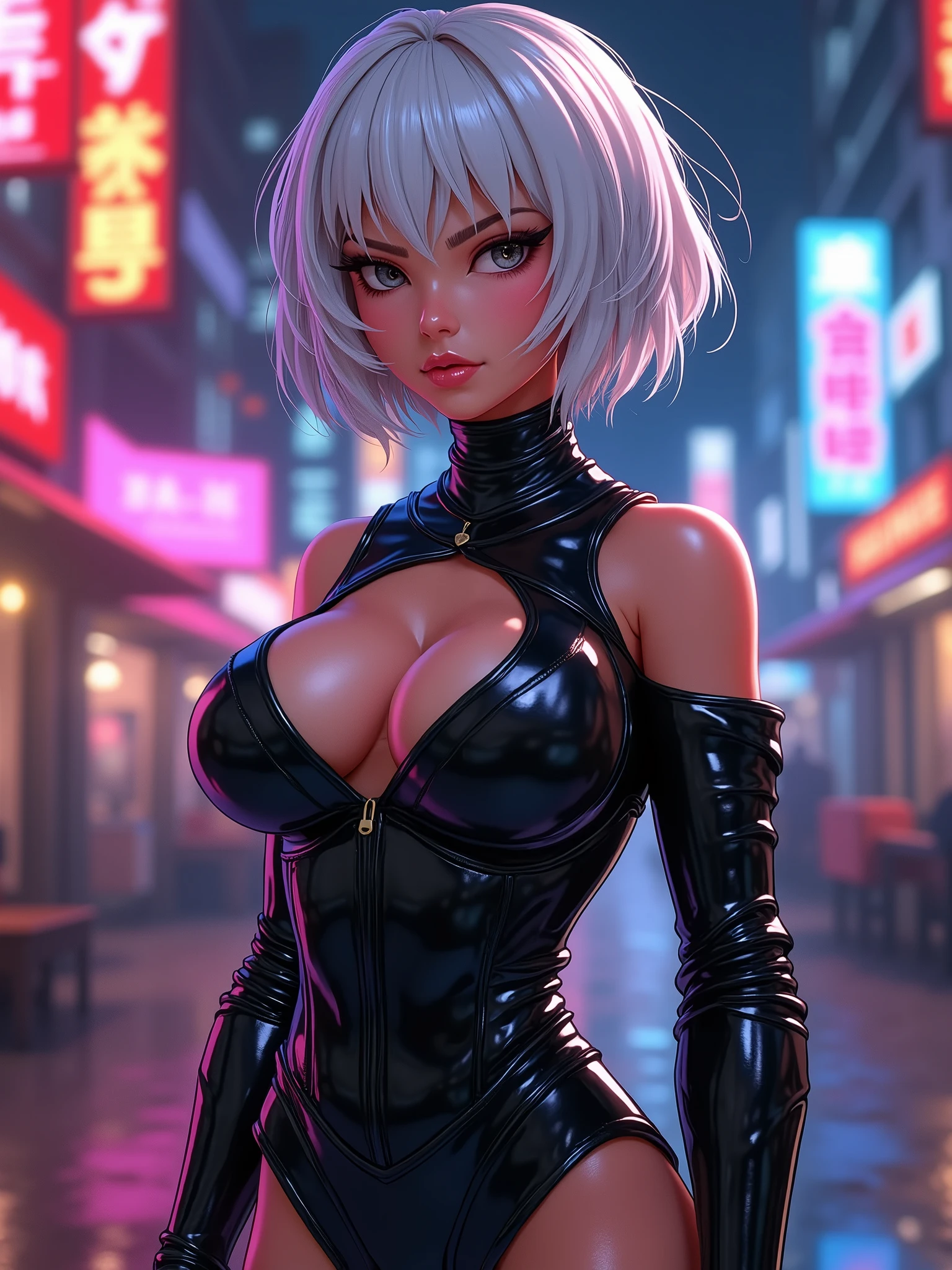 Sexy white girl, age 30 , bimbo, Giant tits:1.5, Saggy boobs:1.5, oppai, slim waist, Big ass:1.4, muscular abs:1.1, seductive, short light white hair, beautiful triangle face, wear a sexy ninja shiny leather battle suit, with underboob cut long sleeve, arousing nipples:1.3, pose drop off her breasts, 3d real cartoon style, masterpiece:1.2, 16k quality:1.0, highest quality.