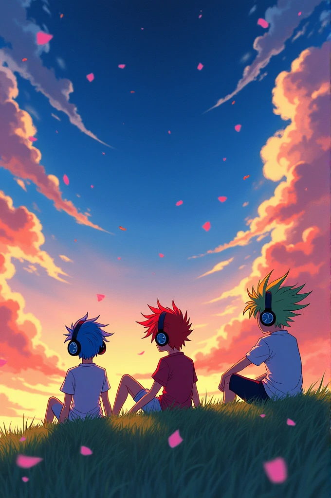 Anime men with big hairs listening music with headphones and see on sky