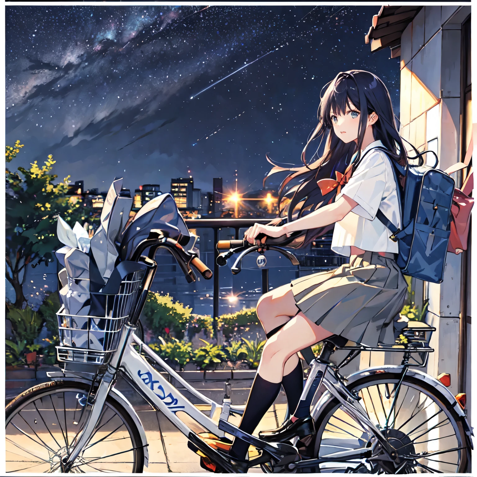 (Starry sky background:1.2)、(masterpiece, Highest quality:1.2), One person riding a bicycle, alone、From the side、left side、