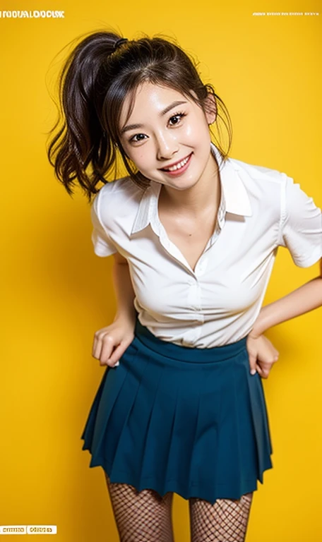 (a cute girl, with short bob hair, ponytail, Japanese Idol, wearing a university student uniform, posing confidently, sexy, hands on hip, wearing fishnet tights and loafers, white shirt and pleated mini-skirt, kind smile, beautiful detailed eyes, ((beautiful detailed face)), long eyelashes, beautiful detailed lips, dimpled cheeks, ample bosom, masterpiece, photo-realistic, ultra-detailed, 8k, high resolution portrait illustration, natural colors, bokeh, cowboy_shot, simple yellow background, SFW, )