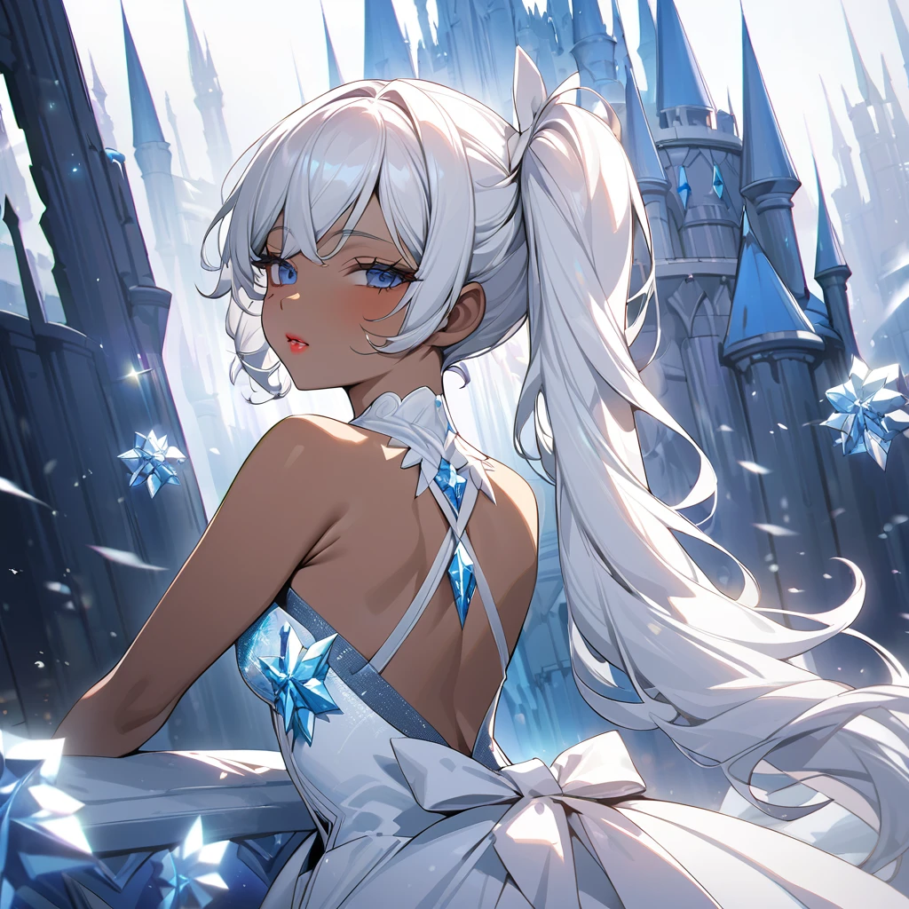 (amazing quality, great quality, top quality, very aesthetic, best quality)), (dark skin Cinderella bust),
 white wavy hair,frozen crystal dress,snow coating ribbon, half side ponytail,black and white sisters,rouge lips,white breath, arching back, frozen castle,dignified pose