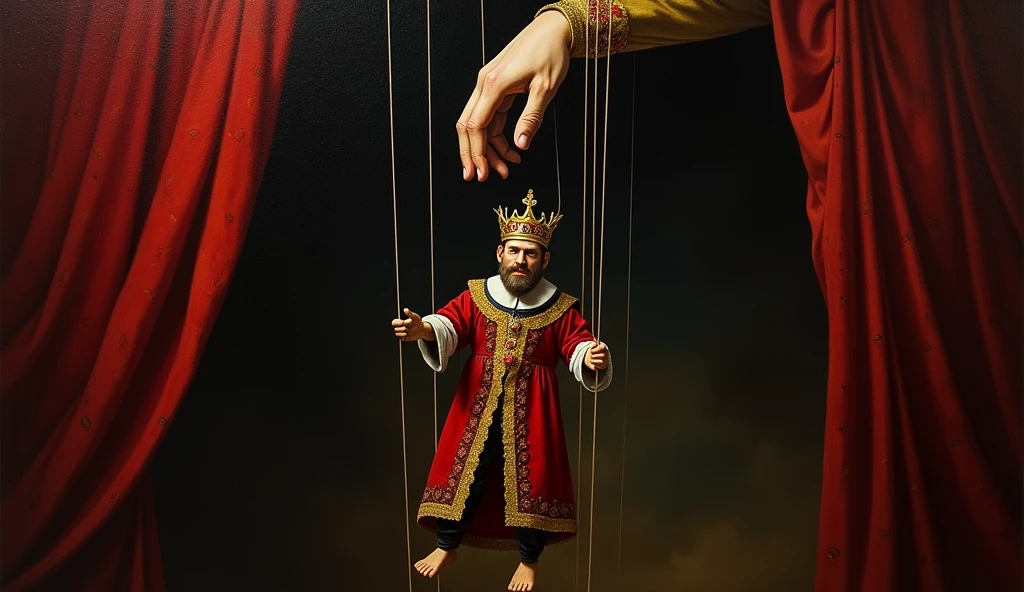 oil painting, Puppet king with strings and giant hand holding strings