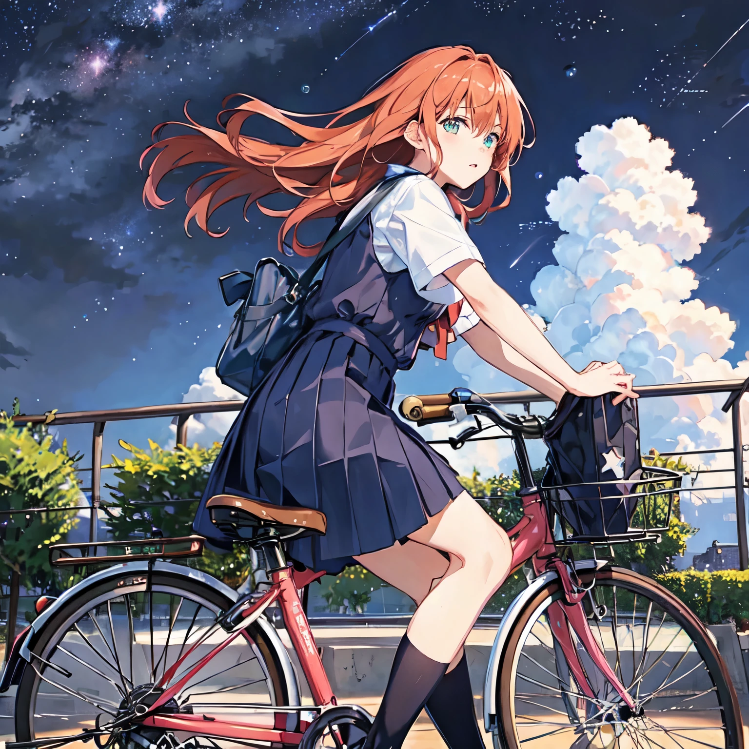 (Starry sky background:1.2)、(masterpiece, Highest quality:1.2), One person riding a bicycle, alone、From the side、left side、