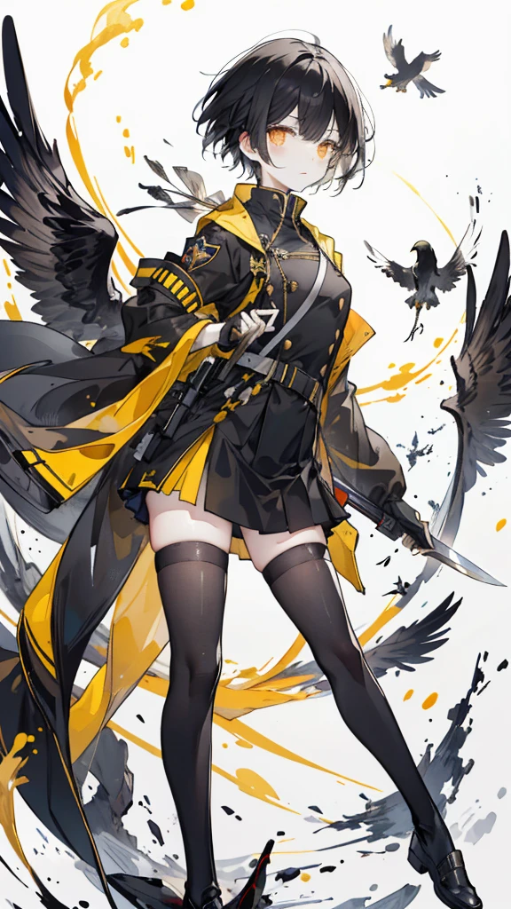 short black hair,Yellow pupils,Black military uniform and yellow windbreaker,Black long knife,crow flying in the air,black stockings,Wearing a black glove on the left hand,silvery white flame