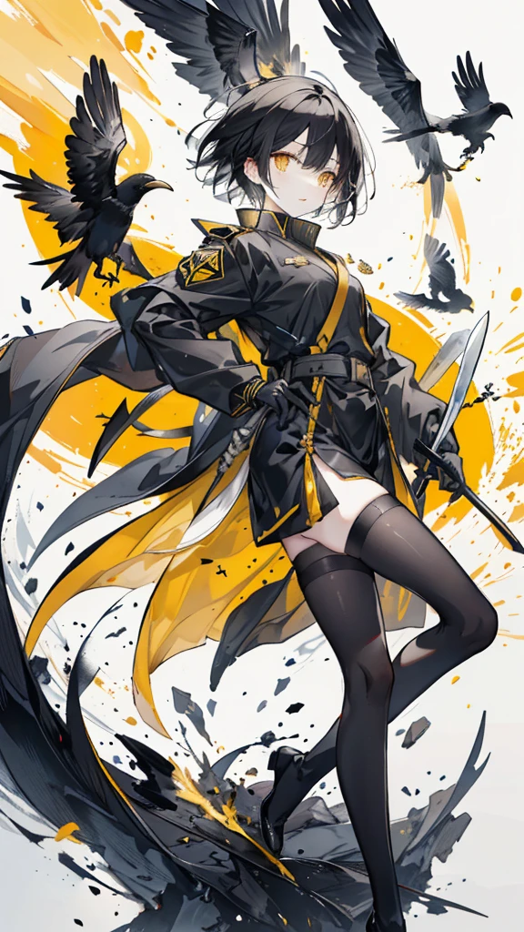 short black hair,Yellow pupils,Black military uniform and yellow windbreaker,Black long knife,crow flying in the air,black stockings,Wearing a black glove on the left hand,silvery white flame