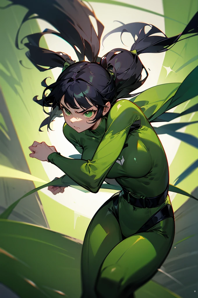 1female , black Hair ,bowl tails , Floating in air , green Bodysuit , green Dress , green Superhero Suit , serious Expression , green Eyes, black belt wrapping suit,