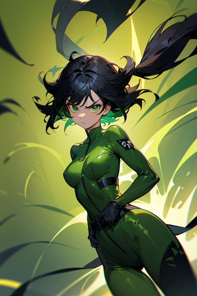1female , black Hair ,bowl tails , Floating in air , green Bodysuit , green Dress , green Superhero Suit , serious Expression , green Eyes, black belt wrapping suit,