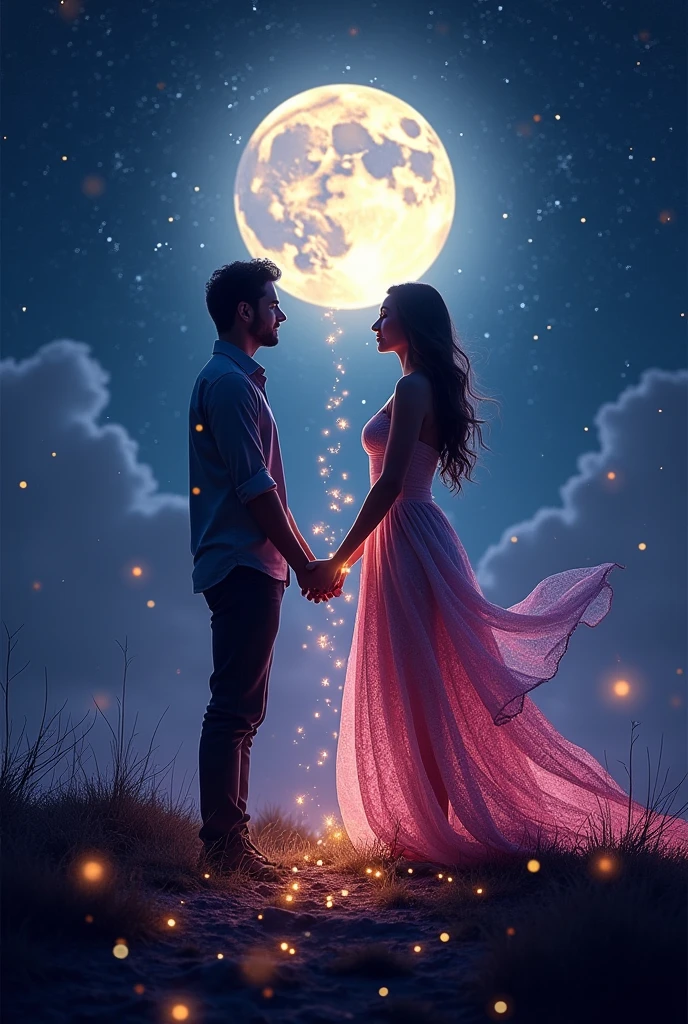 A background illustration of a full moon shining in a fantastic night sky。star々Shining against a dark night sky、Tarot Cards『lover』Put behind、Draw a silhouette of two people holding hands。Their hands are joined together with light effects.、Painted in warm gold and pink hues。In one corner of the screen『lover』or『2 of Cups』Please place the Tarot card so that it is partially visible.。moreover、Add a shiny thread connecting their hands together。As a catchphrase、『Once again with that person...Tarot fortune telling to regain the bond of destiny』The text、Placed in a fantastic font、ゴールドorピンクの色を使って強調してください。overall、暖かさと神秘性を持つ深いブルーorパープルの色彩で表現してください。
