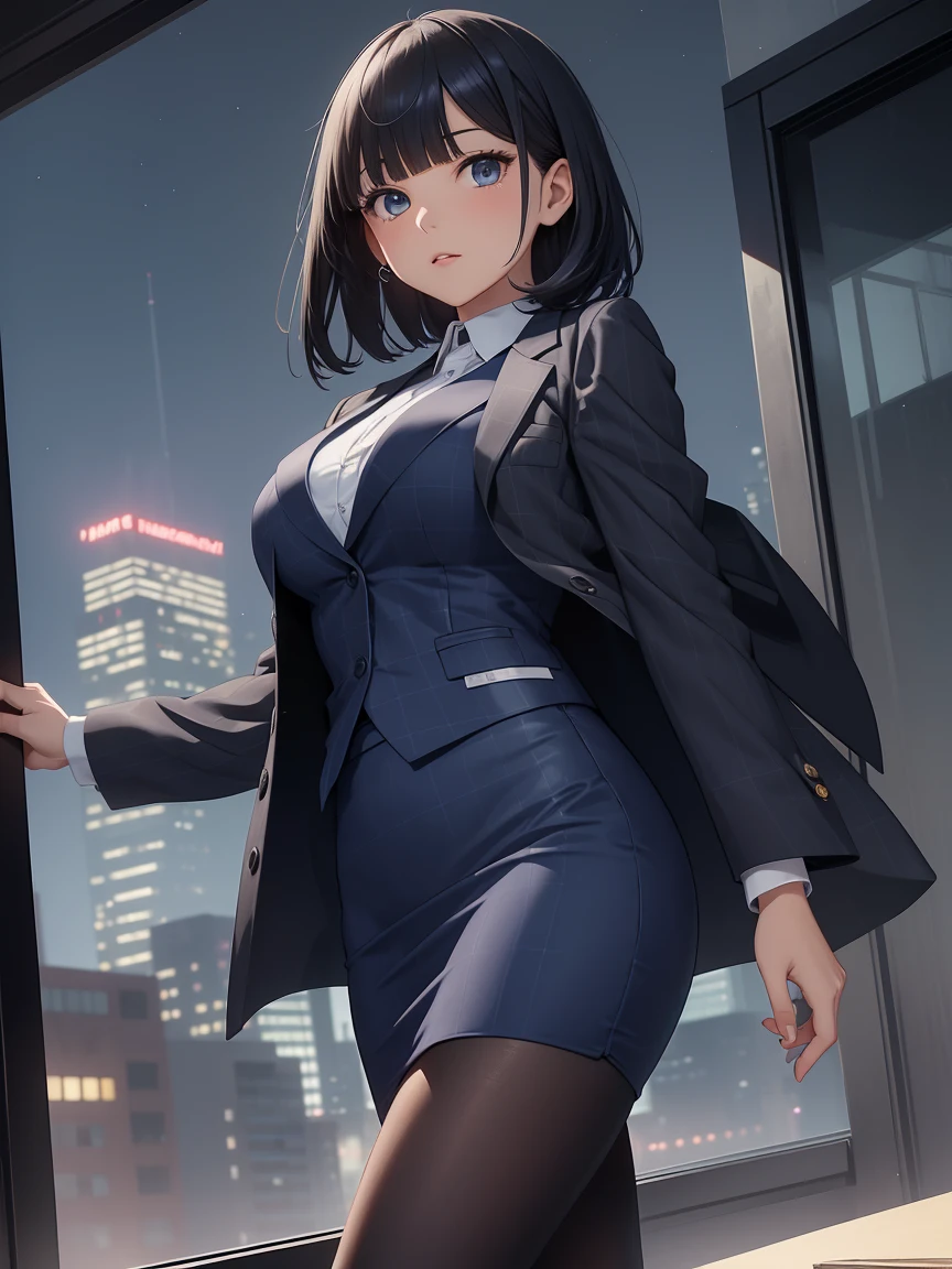 Highest quality, flying debris、Beautiful woman、office lady、Black Hair、(Dark blue eyes、Blunt bangs、Blunt bangs)、short hair、Dark blue checked office suit)、new employee,whole bodyショット、Female office lady、break(Dark blue checked vest、White dress shirt、Navy blue long tight pencil skirt:1.2)、(black tights、High heels)、break(Night view:1.3)、(((whole body))),Big Breasts 、break(Looking up from below)