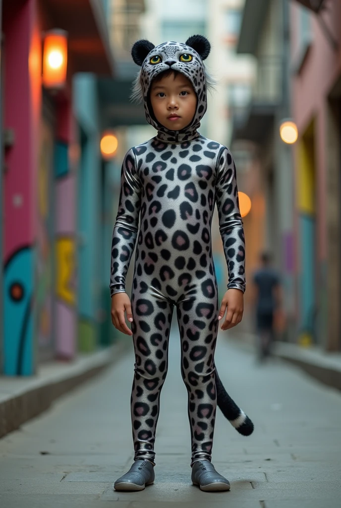 The handsome and thin taiwan contortion boy with beautiful cheeks wears grey leopard lycra turtleneck unitard catsuit covered with many spots with leopard tail and grey leopard lycra elastane dancewear hijab-like hood.He wears a pair of glasses
